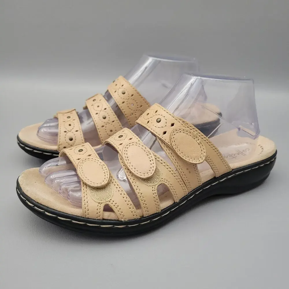 Clarks Collection Womens Leisa Slide Sandals Adjustable Three Strap Beige 8